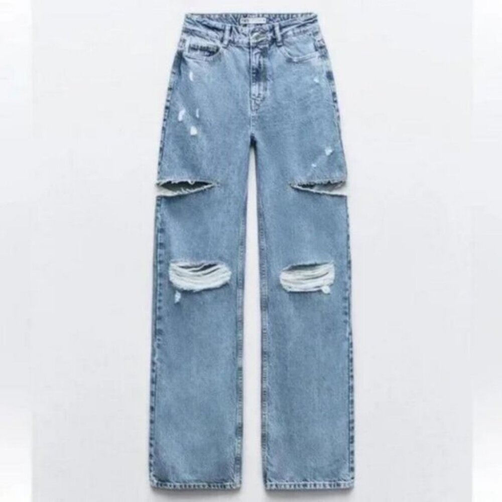 ZARA Z1975 MID WAIST RIPPED CUT OUT STRAIGHT LEG JEANS